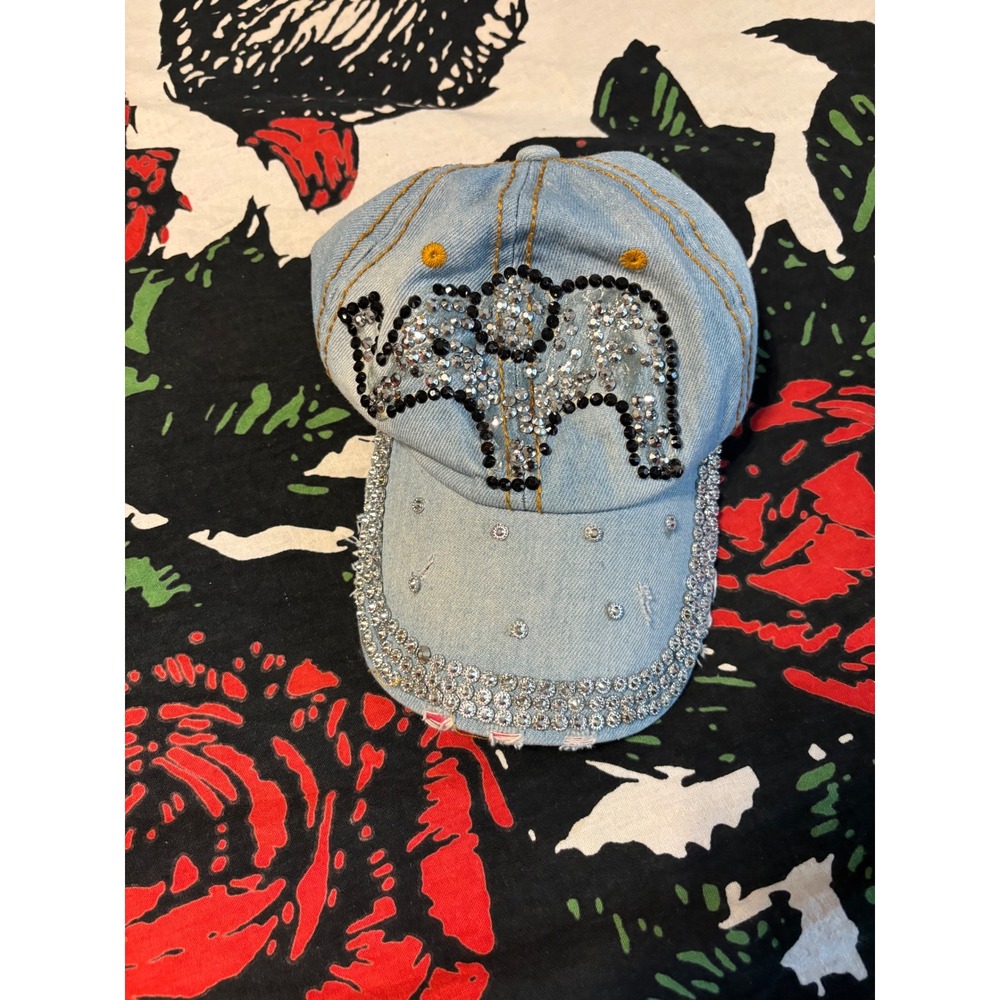 Rhinestone Elephant Denim Baseball Cap Light Wash Distressed Bling Hat Blue